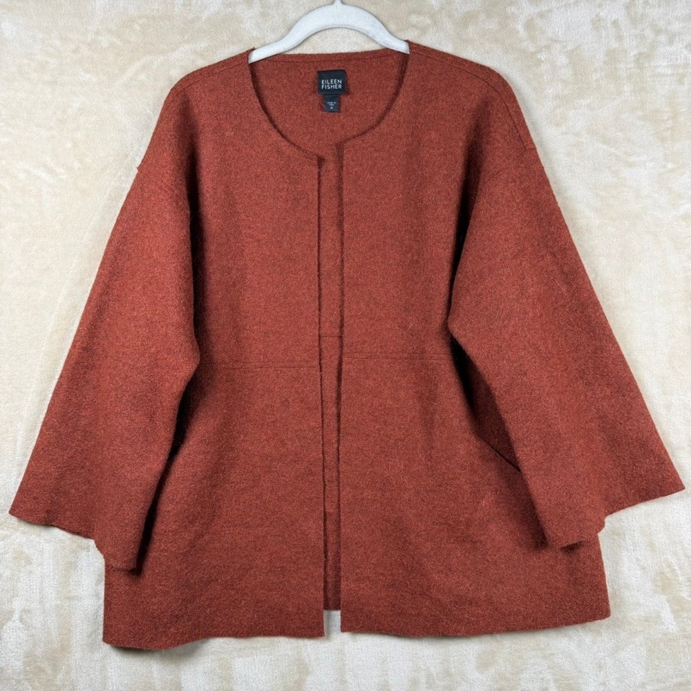 Eileen Fisher Alpaca Wool Open Front Cardigan Jacket Rust Orange F8BA Womens M
